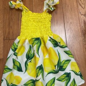 Girls Yellow Lemon Print Sundress with Smocked Bodice
